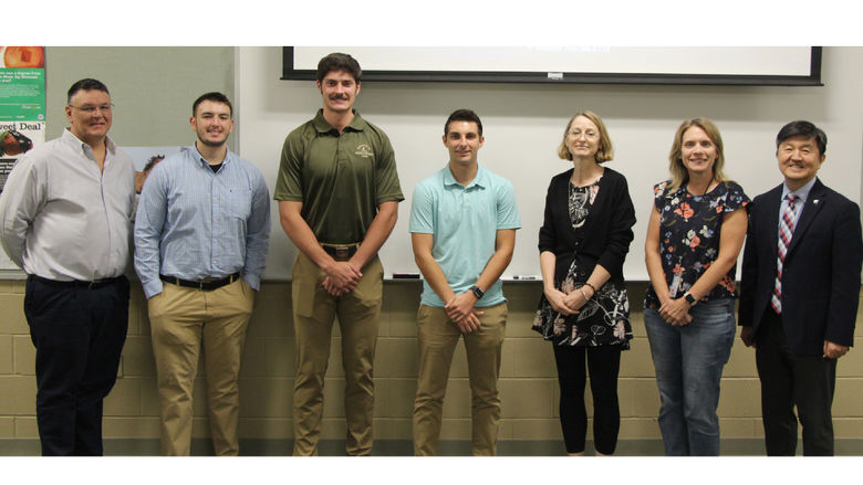 Penn State DuBois students, faculty, staff and guests gather for a group photo after internship presentations in the Swift building. From left to right; John Kness, Ethan Kness, Grant Grimaldi, Carter Lindemuth, Lorna Hardin, Leanne Nedza and Jungwoo Ryoo.