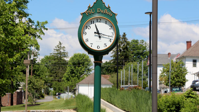 A direct on view of the new clock that was installed on the Penn State DuBois campus. The clock sits outside of the lower entrance of the PAW Center.
