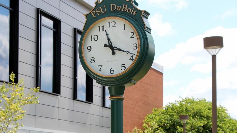 The newly install clock outside of the PAW Center, on the campus of Penn State DuBois. The clock is a gift from students to the campus.