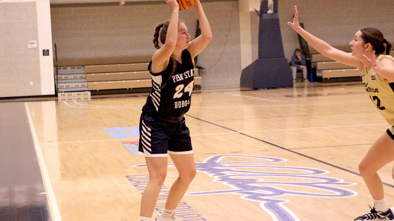 Penn State DuBois sophomore forward Rebecca Martin handles the basketball and looks inside to make a pass during the Lady Lions’ game at Clarion University on Nov. 16.
