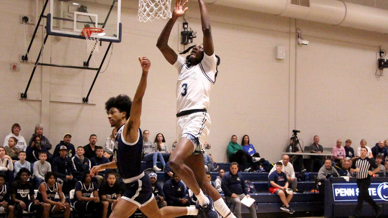 Penn State DuBois junior Niare Poplar finishes a bucket on a drive where he got fouled during a recent home game at the PAW Center.