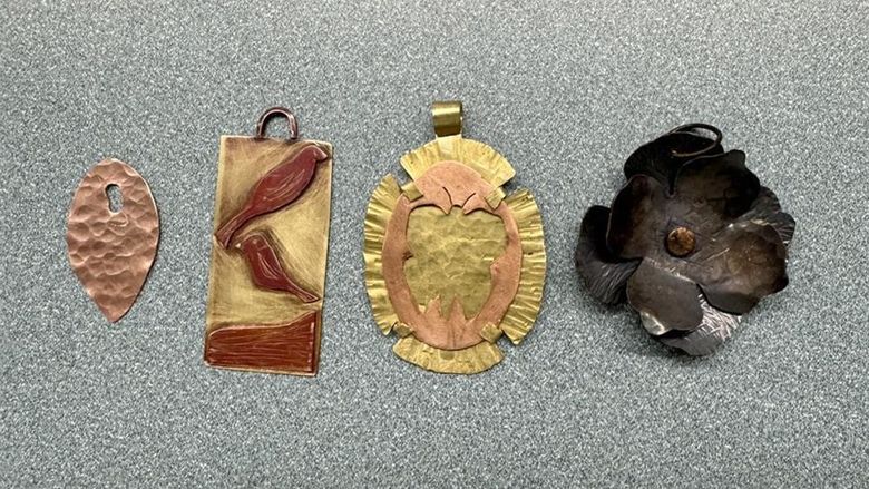 Examples of jewelry made during a previous session of the jewelry making and metalsmithing courses offered through continuing and community education at Penn State DuBois.