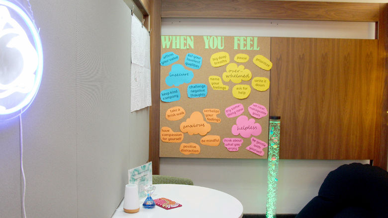 A view inside the sensory space at the Penn State DuBois library. The Moon Pod, a donation from Brett and Danielle Spencer, is visible on the lower right side of the photo.