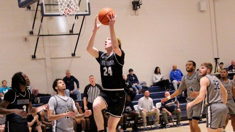 Penn State DuBois senior forward gathers a rebound and puts up a layup during a recent home game at the PAW Center, on the campus of Penn State DuBois.