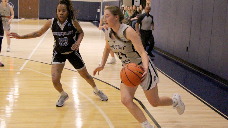 Penn State DuBois sophomore forward Rebecca Martin dribbles and drives with the basketball during a recent home game against Berkeley College at the PAW Center.