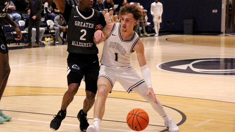 Penn State DuBois senior guard Jordin Sommers dribbles and protects the basketball as he drives in the lane during a recent basketball game at the PAW Center, on the campus of Penn State DuBois.