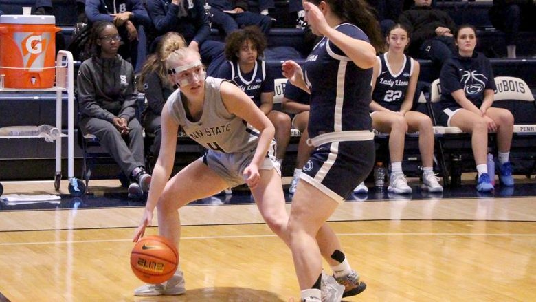 Penn State DuBois sophomore guard Hailey Theuret protects her dribble while looking inside the lane for a teammate during a recent basketball game at the PAW Center.