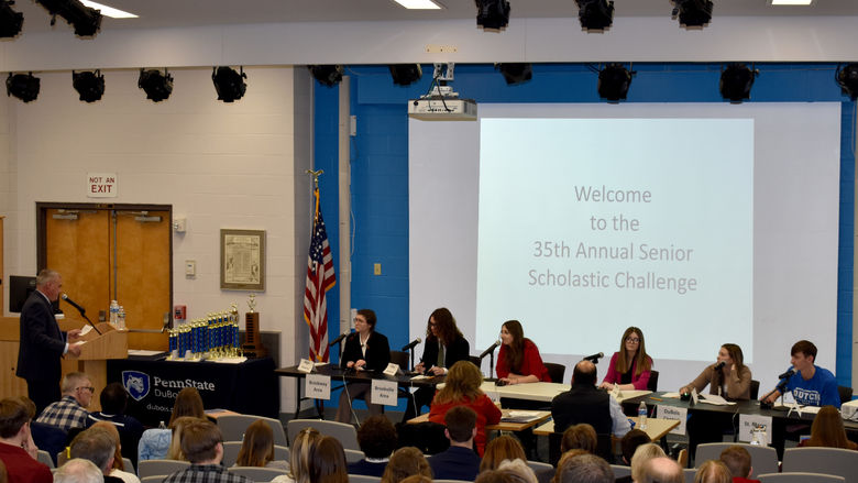 Participants prepare to answer questions during their preliminary round during the senior scholastic challenge in the Hiller Auditorium at Penn State DuBois.