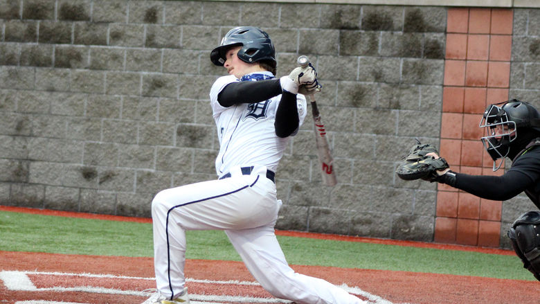 Penn State DuBois junior infielder Kyle Elensky follows through on a base hit during a recent home game at Showers Field in DuBois.