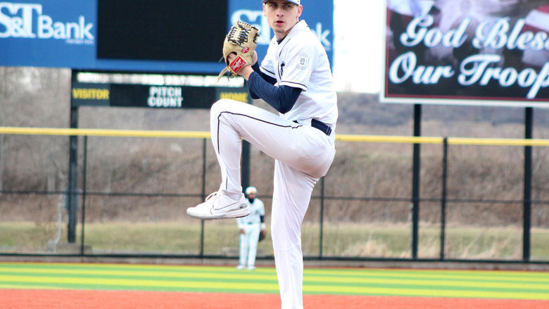Penn State DuBois senior pitcher Taylor Boland works through his windup during a recent home game at Showers Field.