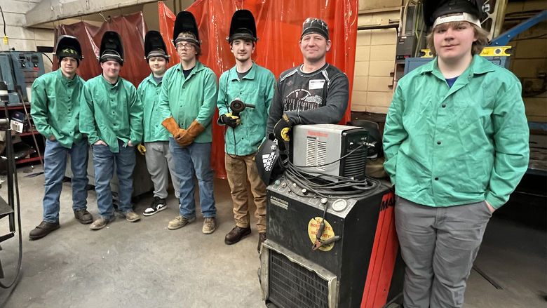 Students in the welding program at Saint Marys Area High School stand for a group photo with instructor Martin Casilio. From left to right: Sam Rettger, Jackson Carlson, Ashten Krug, Isaac Perlick, Colby Meyer, instructor Martin Casilio and William Brennan. Missing when the photo was taken were students Michael Miller and Dylan Samick.
