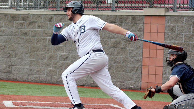 Penn State DuBois sophomore Jake Sikora follows through on his swing on a base hit during a recent home game at Showers Field.
