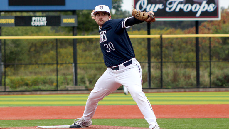 Penn State DuBois sophomore Zach Witherow prepares to release the baseball, as part of his pitching motion, during a recent home game at Showers Field in DuBois.
