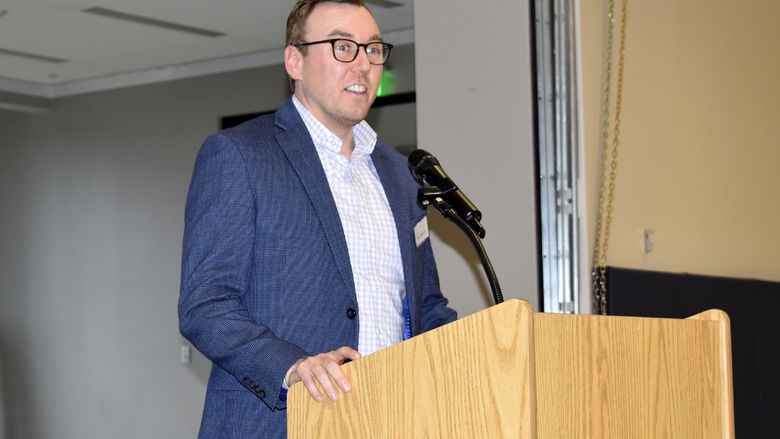 Alex Gasbarre speaks during the scholarship luncheon at the PAW Center.