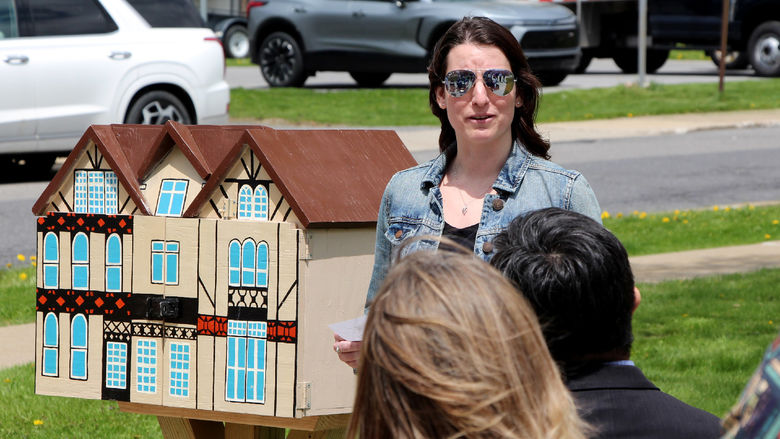 Jessica Clontz, assistant teaching professor of human development and family studies, shares her personal memories of Tony Vallone during the Little Free Library dedication at Penn State DuBois on April 29.