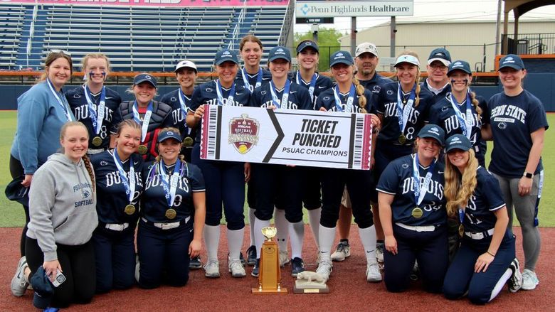 The Penn State DuBois softball team gathers for a team photo after winning the 2025 PSUAC championship, the first conference championship in program history.
