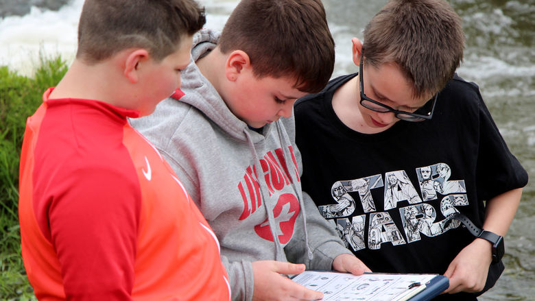 Students from Juniata Elementary in DuBois work on identifying some of the organisms that were found during the wetlands program held at the school in May.