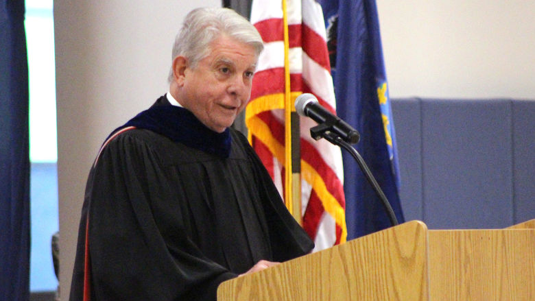 Commencement speaker Daniel Kohlhepp shares insight and offers new graduates professional and personal advice as part of his speech during the spring commencement ceremony at Penn State DuBois.