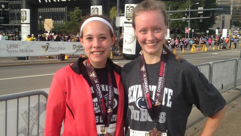 Penn State DuBois runners Juliann Boddorf, left, and Carley Boice.  