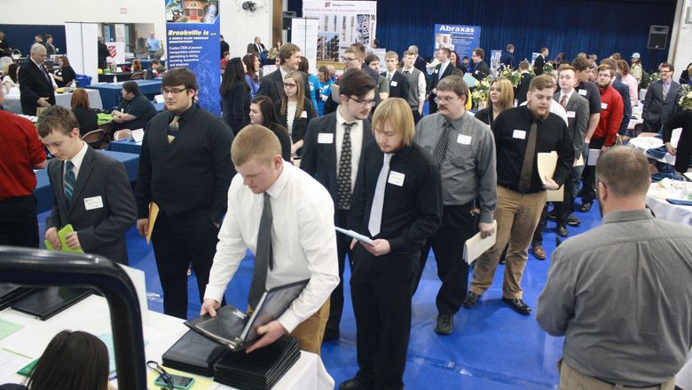 Students lined up at the career fair.