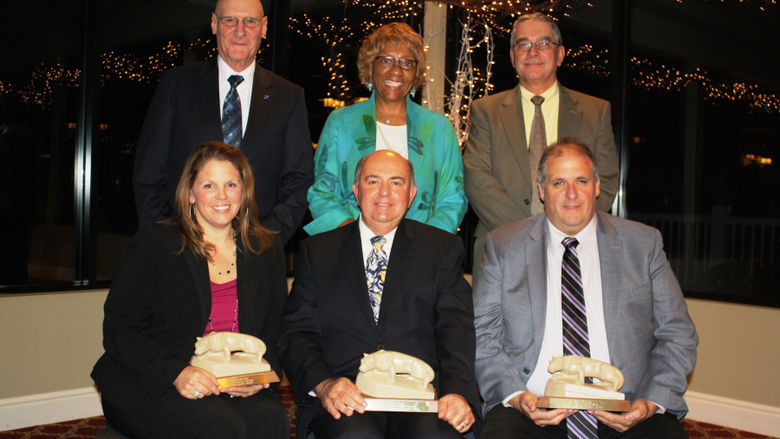 Front row, left to right: Christina Voorhees, Outstanding Alumnus Award; Dale Simbeck, Lifetime Achievement Award; David Trinkley, Distinguished Ambassador Award.