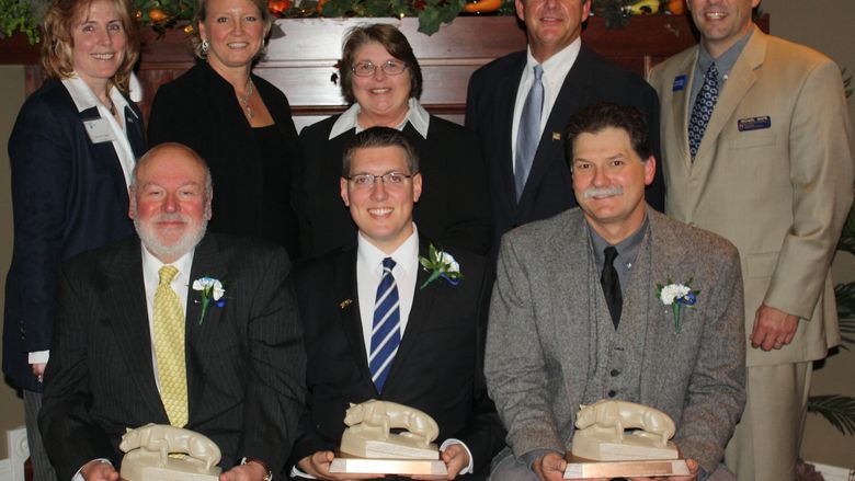 Front row, left to right: John Bean, Distinguished Ambassador, David Roush, Outstanding Young Alumni, Rawley Cogan, Outstanding Alumni. Back row, left to right: Presenters Melanie Hatch, Jean Wolf, Diane Bernardo, David Spigelmyer, and Michael White.