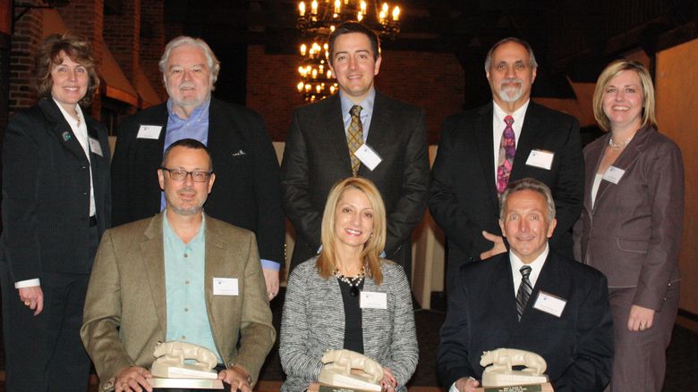 Front row, left to right: Craig Pearce, Outstanding Alumni, Joyce Fairman, Distinguished Ambassador, Robert Ellinger, Outstanding Alumni. Back row, left to right: Presenters Melanie Hatch, Henry Sims, Derek Fairman, Jim Fragle, and Amy Fatula.