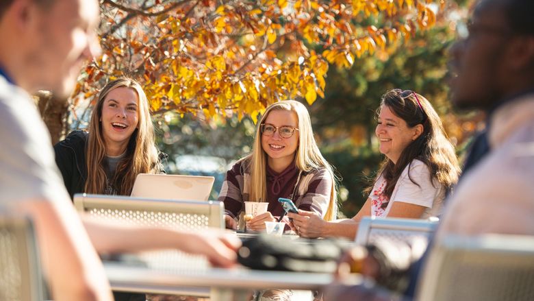 Students eating on patio