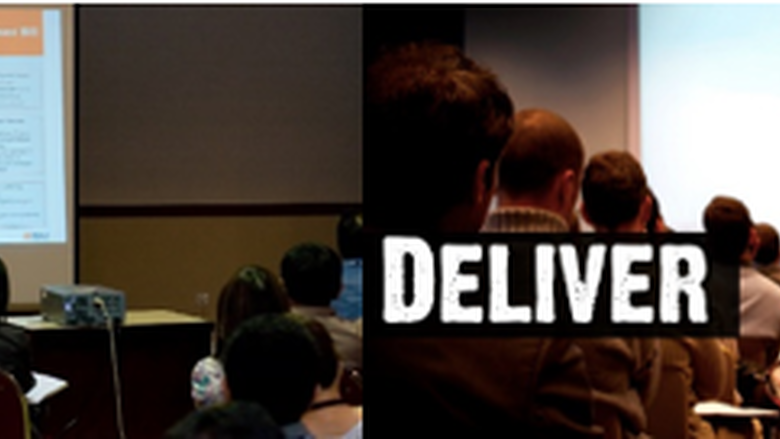 Four pictures side-by-side of people and powerpoint presentations