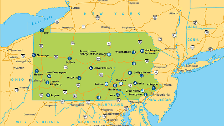 Map of Pennsylvania, including Penn State Campuses and major roads.