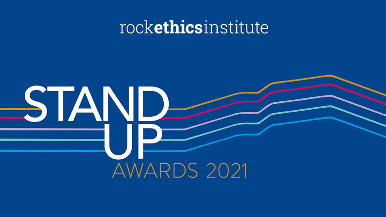 Blue rectangle with the Rock Ethics Institute wordmark and the Stand Up Awards 2021 graphics