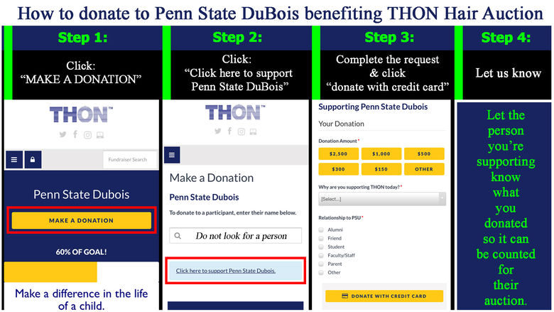 1. Click make a donation  2. You do not need to search for someone - below the search bar, click Click here to support Penn State DuBois  3. choose your amount and donate with credit card   4. Remember to let the hair donor know you donated to them!