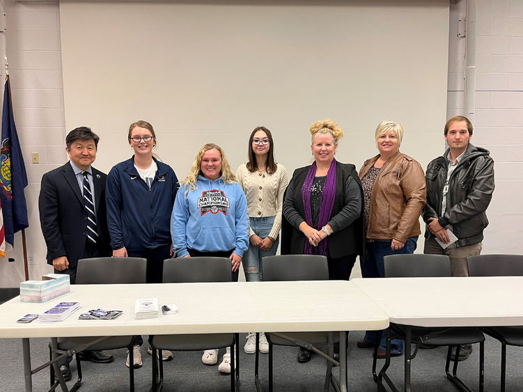 Dr. Jungwoo Ryoo, chancellor and CAO; Penn State DuBois criminal justice students Kaierra Keck, Paige Pleta and Summer Wynn; Selena Price, Penn State DuBois criminal justice lecturer; Robin McMillen, Passages Inc. legal advocate; and Sterling Grisso, Community Action, Inc. Crossroads Project come together at a victimology event held on campus.