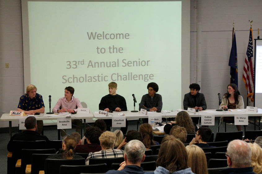 Students prepare to answer questions during their preliminary round during the senior scholastic challenge in the Hiller Auditorium at Penn State DuBois