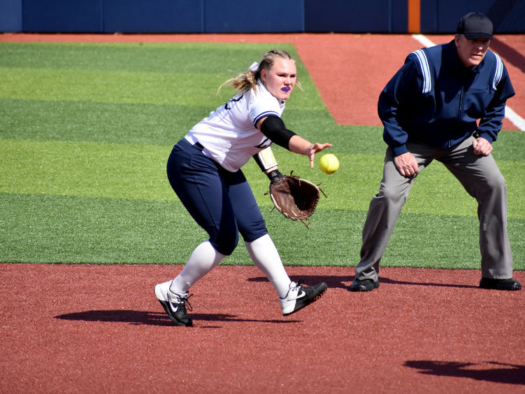 Penn State DuBois senior Paige Pleta makes a short throw to first base during a recent softball game