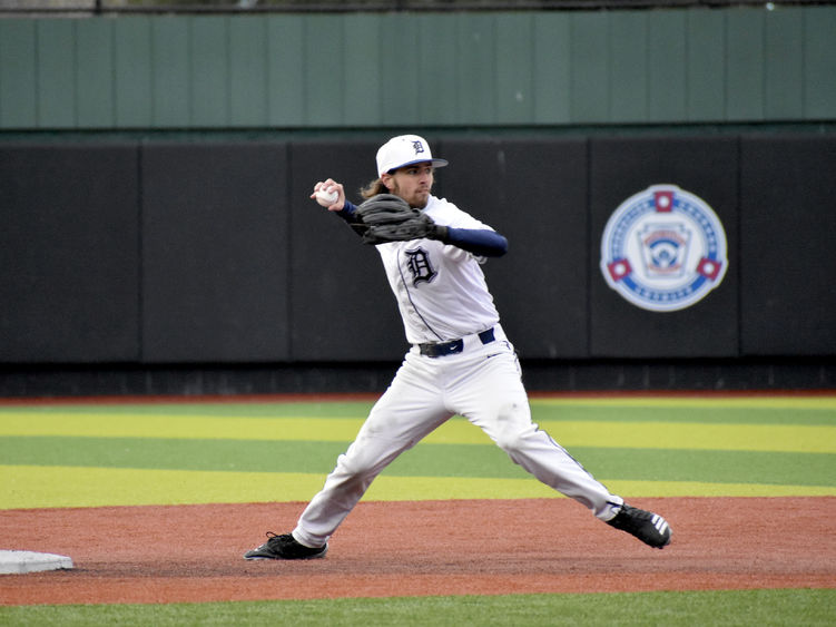 Penn State DuBois sophomore Colby Bodtorf prepares to make a throw to first during a recent home game at Showers Field
