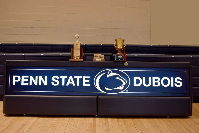 Several trophies on display in the PAW Center that the athletic teams at Penn State DuBois won during the athletic year