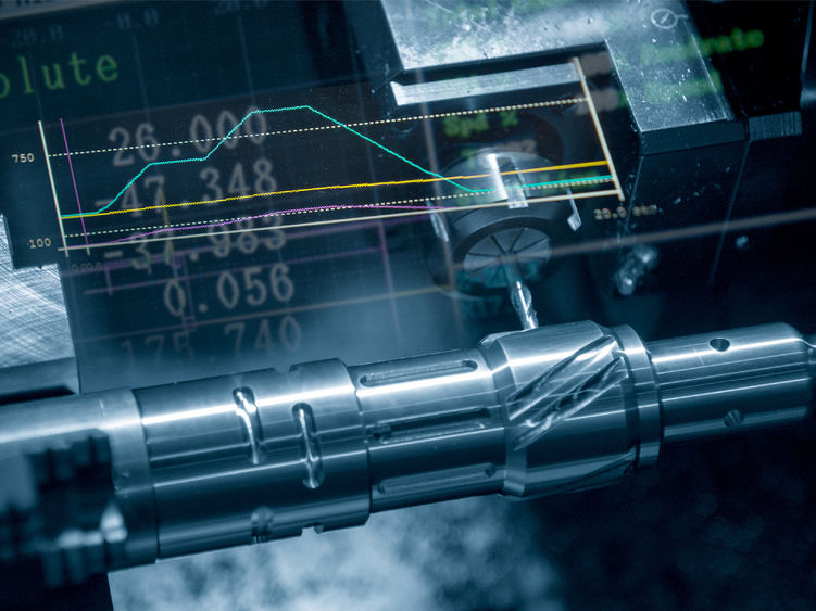 An abstract scene of a CNC lathe machine cutting a metal shaft with a mill turret.