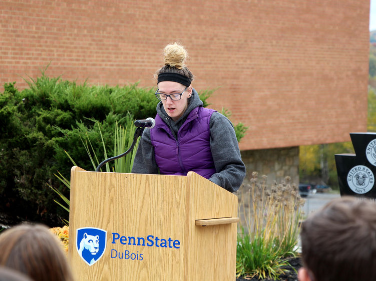 Fourth year student Cierra Hoffman shares one of the testimonials during the victimology event at Penn State DuBois.