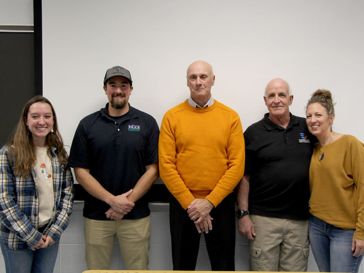 Individuals involved in the wildfire presentation at Penn State DuBois. From left to right: Justice Williams, Cody Gulvas, Fred Groh, Larry Bickel and Stefanie Williams.