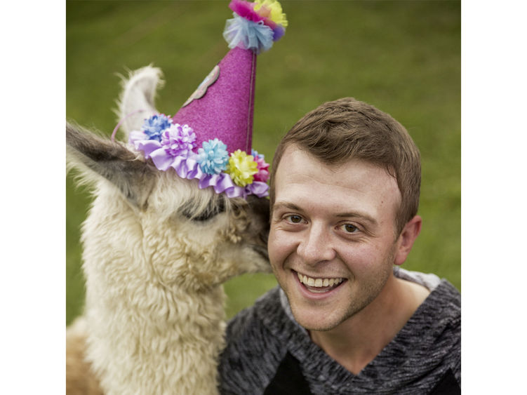 Comedian Derrick Knopsnyder being kissed by a llama