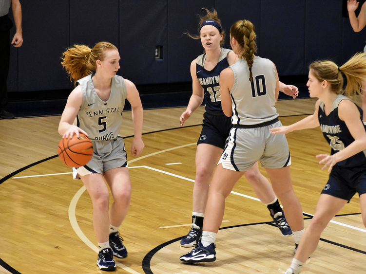 Penn State DuBois freshman guard Frances Milliron dribbles off a screen by teammate Shannon Shaw during a recent game at the PAW Center