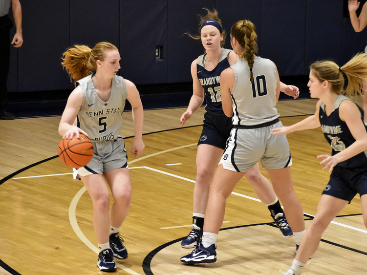 Penn State DuBois freshman guard Frances Milliron dribbles off a screen by teammate Shannon Shaw during a recent game at the PAW Center