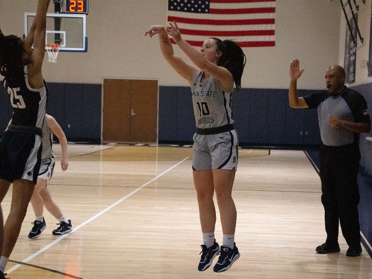 Penn State DuBois sophomore Shannon Shaw hits one of her nine three pointers during the game against Penn State New Kensington at the PAW Center