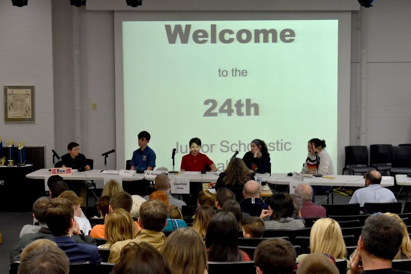 Participants prepare to answer questions during their preliminary round during the junior scholastic challenge in the Hiller Auditorium at Penn State DuBois