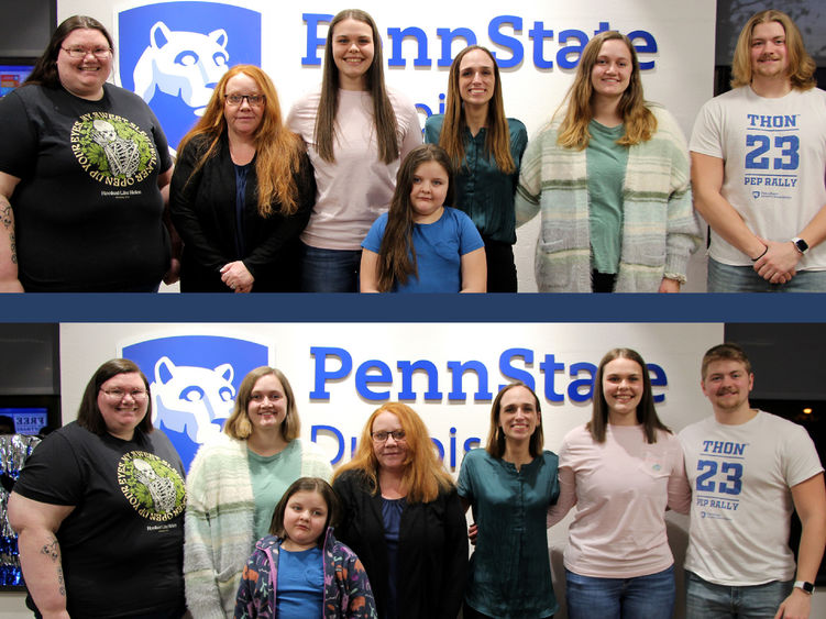 The before, top, and after, bottom, photos of the hair donors for the 2024 THON sendoff dinner and hair auction at Penn State DuBois.