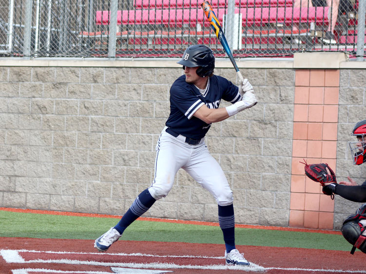 Penn State DuBois senior centerfielder Brett Beith watches a pitch come in and begins his stride during a recent game at Showers Field in DuBois.