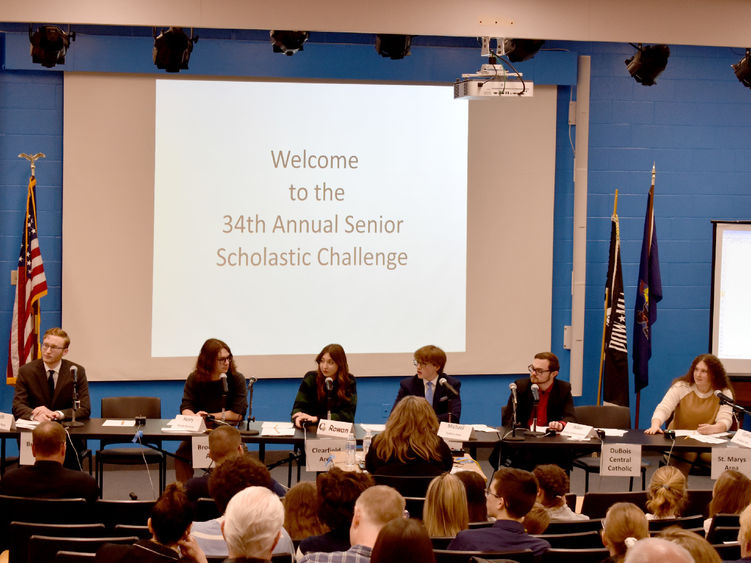 Students listen to one of the questions during a preliminary round in the 34th annual Senior Scholastic Challenge, held at Penn State DuBois.