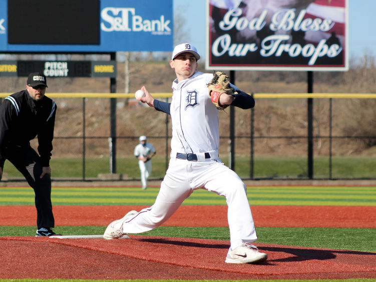 Penn State DuBois senior pitcher Taylor Boland delivers a pitch home during a recent home game at Showers Field in DuBois.