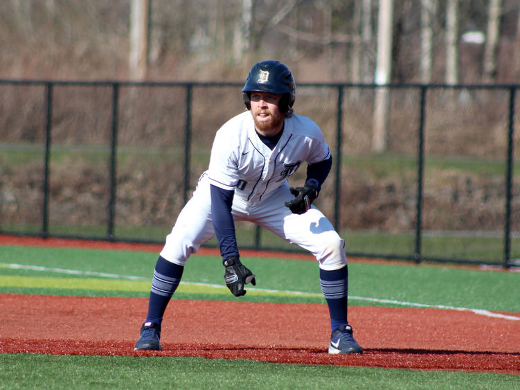 Penn State DuBois senior third baseman Tyler Yough takes his lead off first base during a recent home game at Showers Field in DuBois.